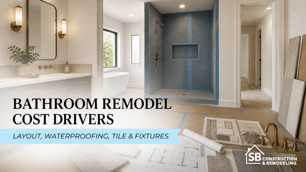 Los Angeles bathroom remodel showing waterproofing, tile, fixtures, and plans