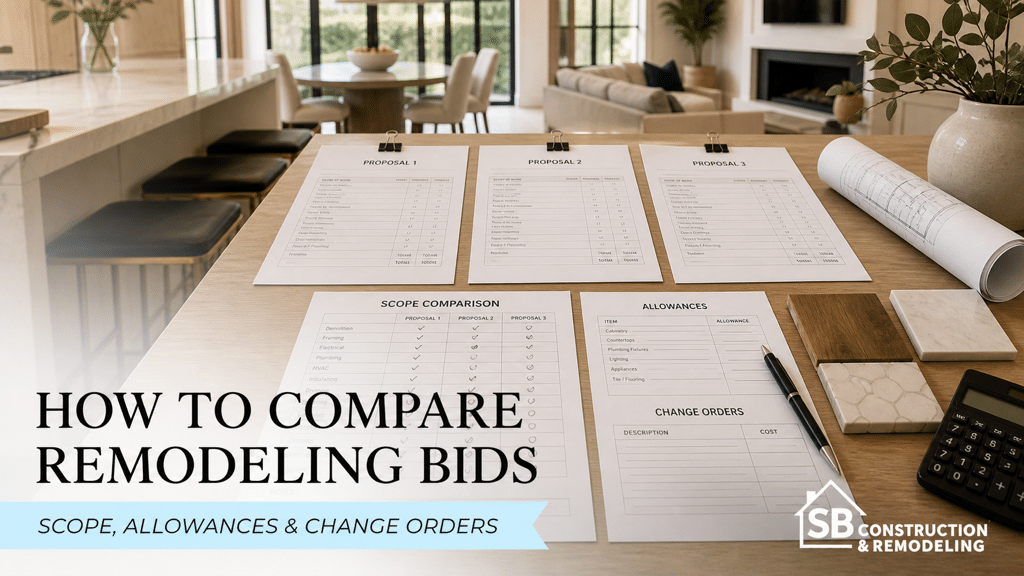 Remodeling bid proposals, scope comparison, allowances, and change-order worksheet