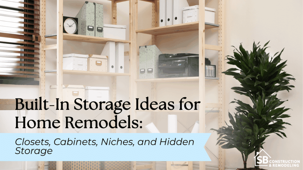 A room featuring built-in shelves with