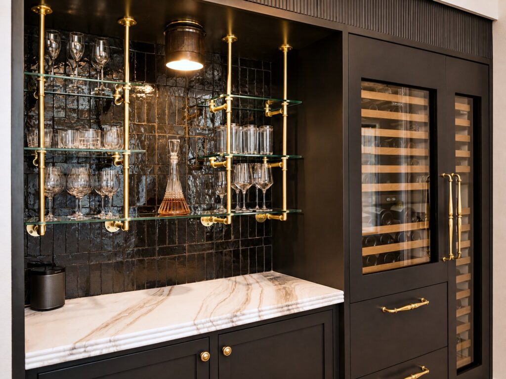 Beverage bar with glass display cabinets and wine refrigerator in the Loch Lomond home renovation