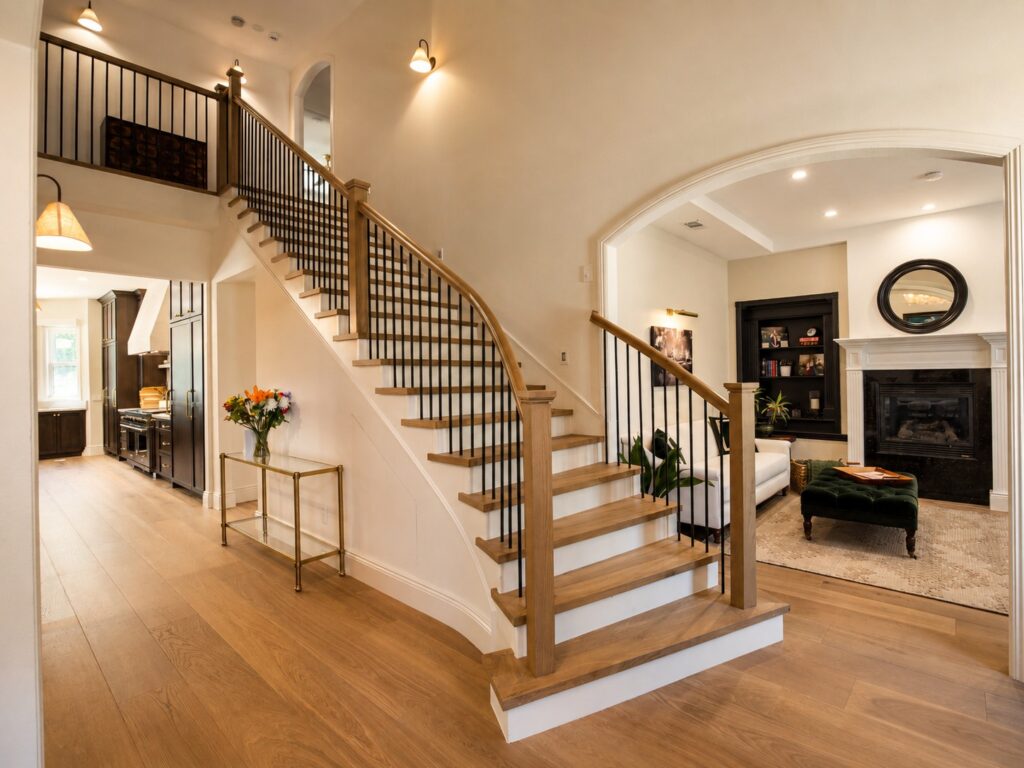 Entry staircase with wood treads and dark metal balusters in the Loch Lomond home renovation