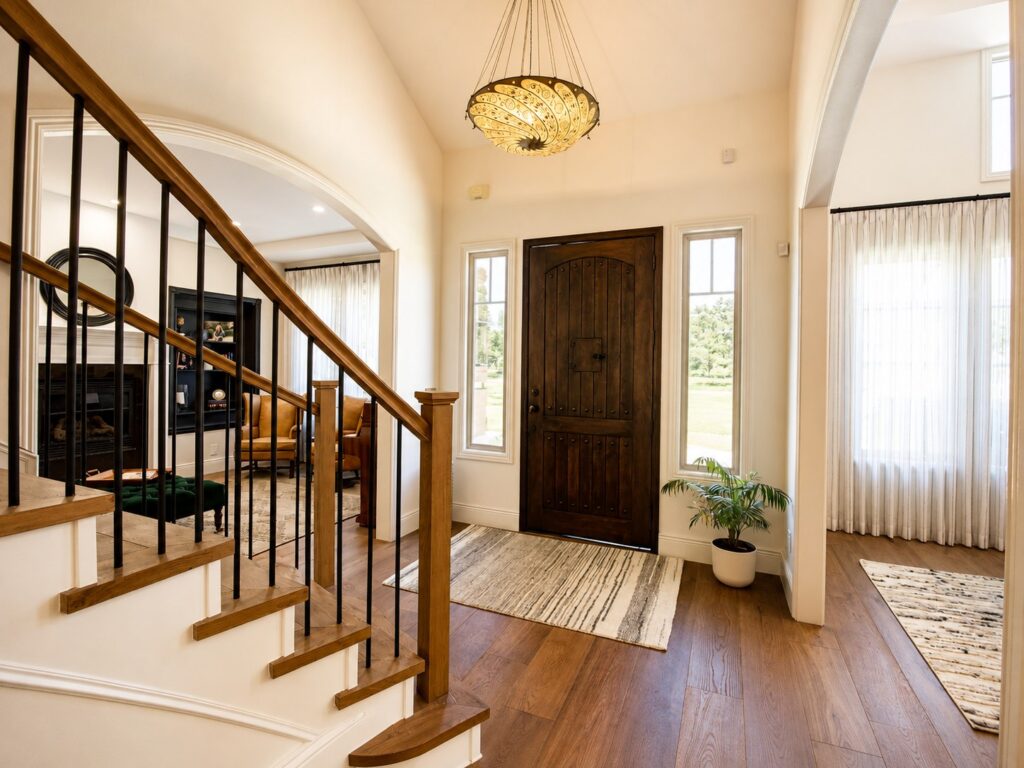 Entry hall with wood front door and staircase in the Loch Lomond home renovation
