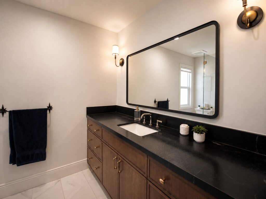 Bathroom vanity with wide mirror and dark countertop in the Loch Lomond home renovation