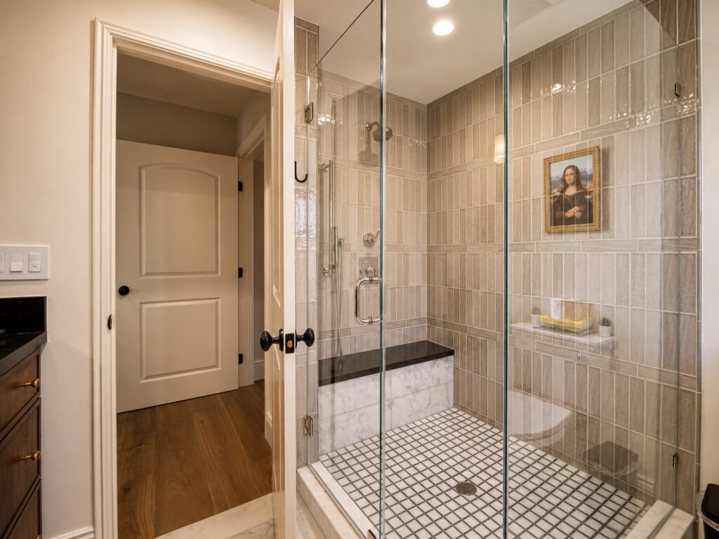 Walk-in shower with glass enclosure and mosaic tile floor in the Loch Lomond home renovation