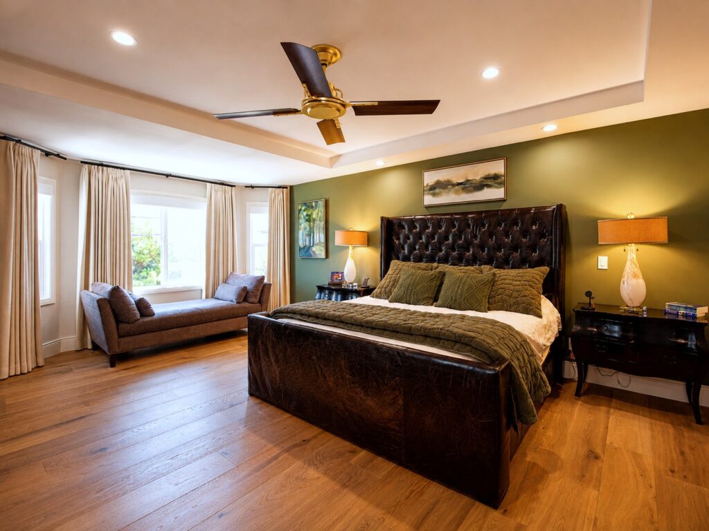 Bedroom with green accent wall and wood flooring in the Loch Lomond home renovation