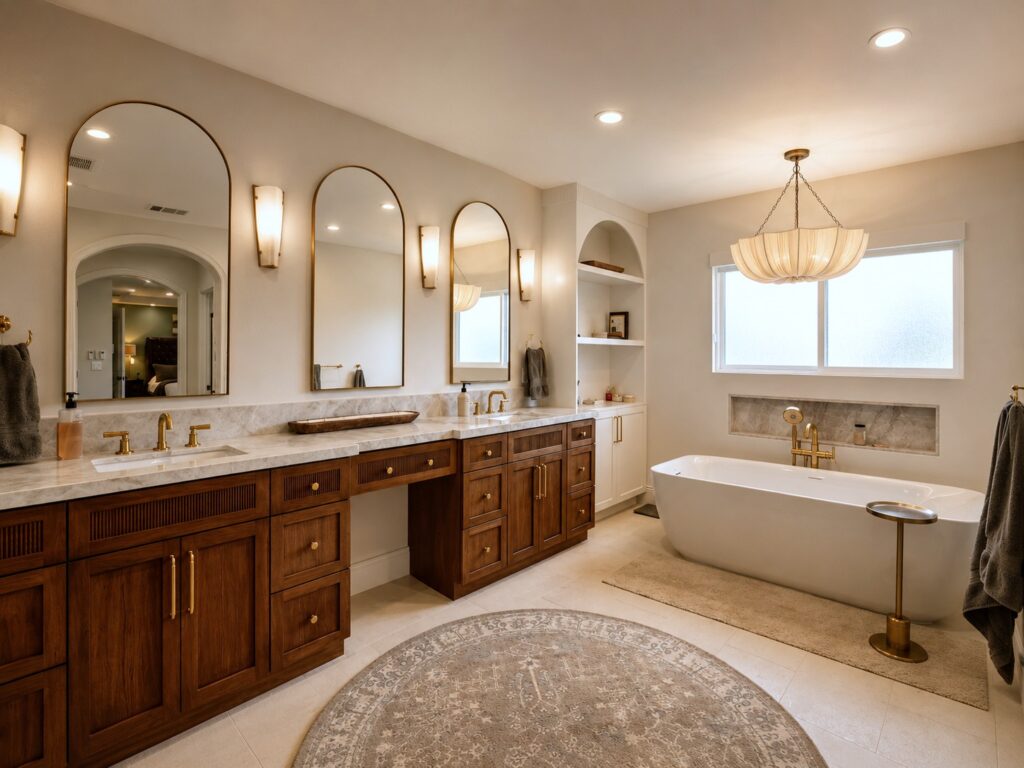 Bathroom with wood double vanity, arched mirrors and freestanding tub in the Loch Lomond home renovation