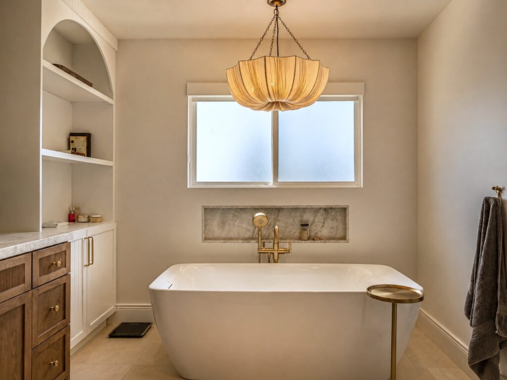 Freestanding bathtub beneath a window and pendant light in the Loch Lomond home renovation