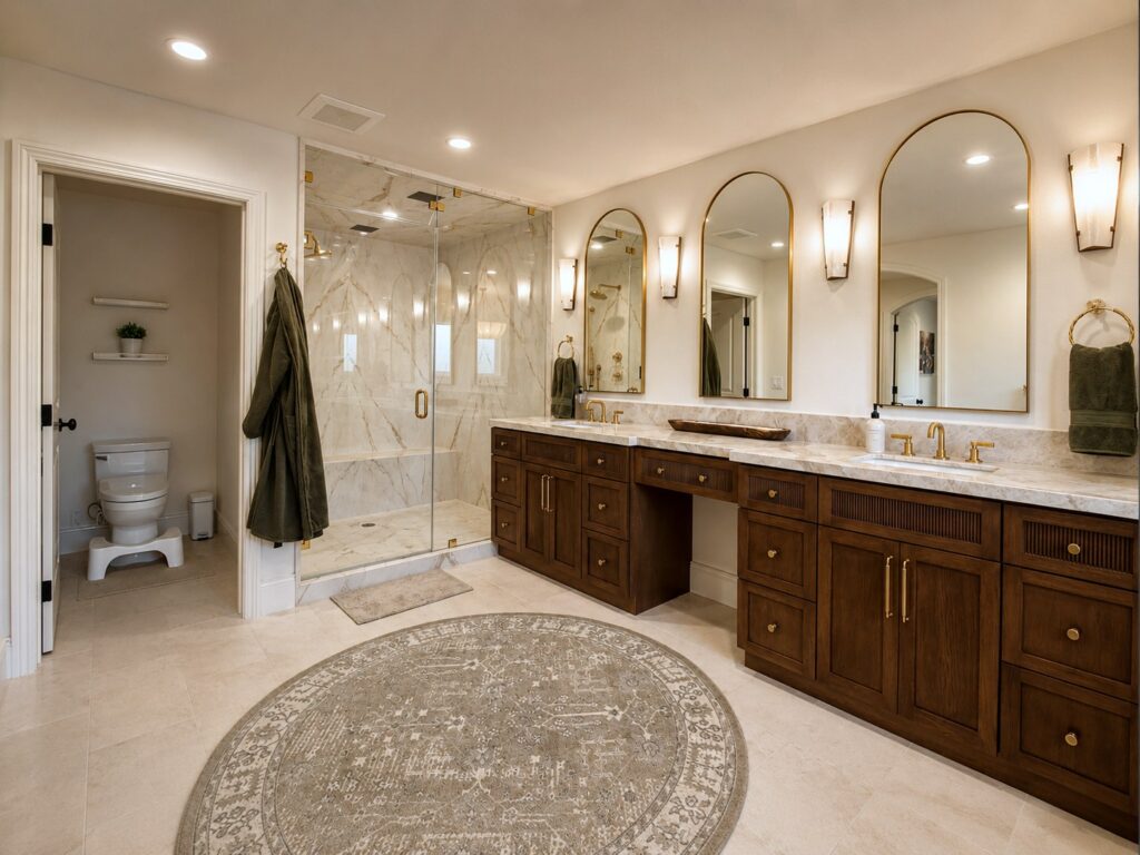 Bathroom vanity and arched mirrors beside glass shower in the Loch Lomond home renovation