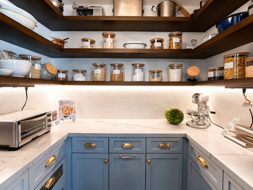 Pantry with blue cabinetry and open wood shelving in the Loch Lomond home renovation