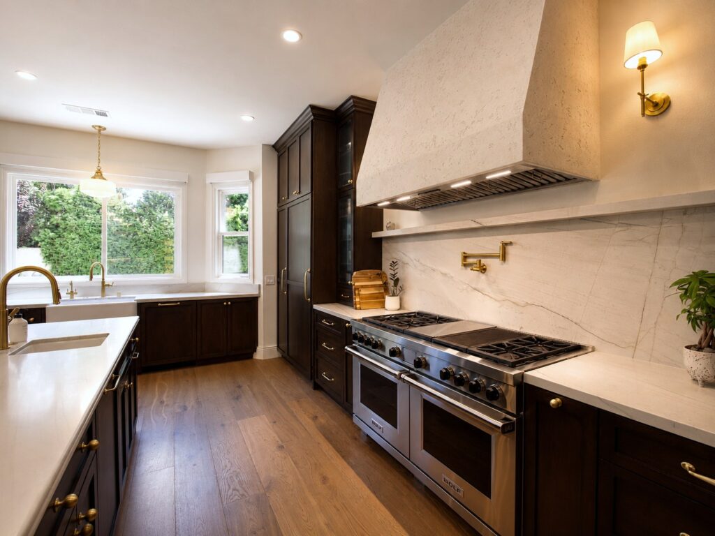 Kitchen range and hood with light backsplash in the Loch Lomond home renovation