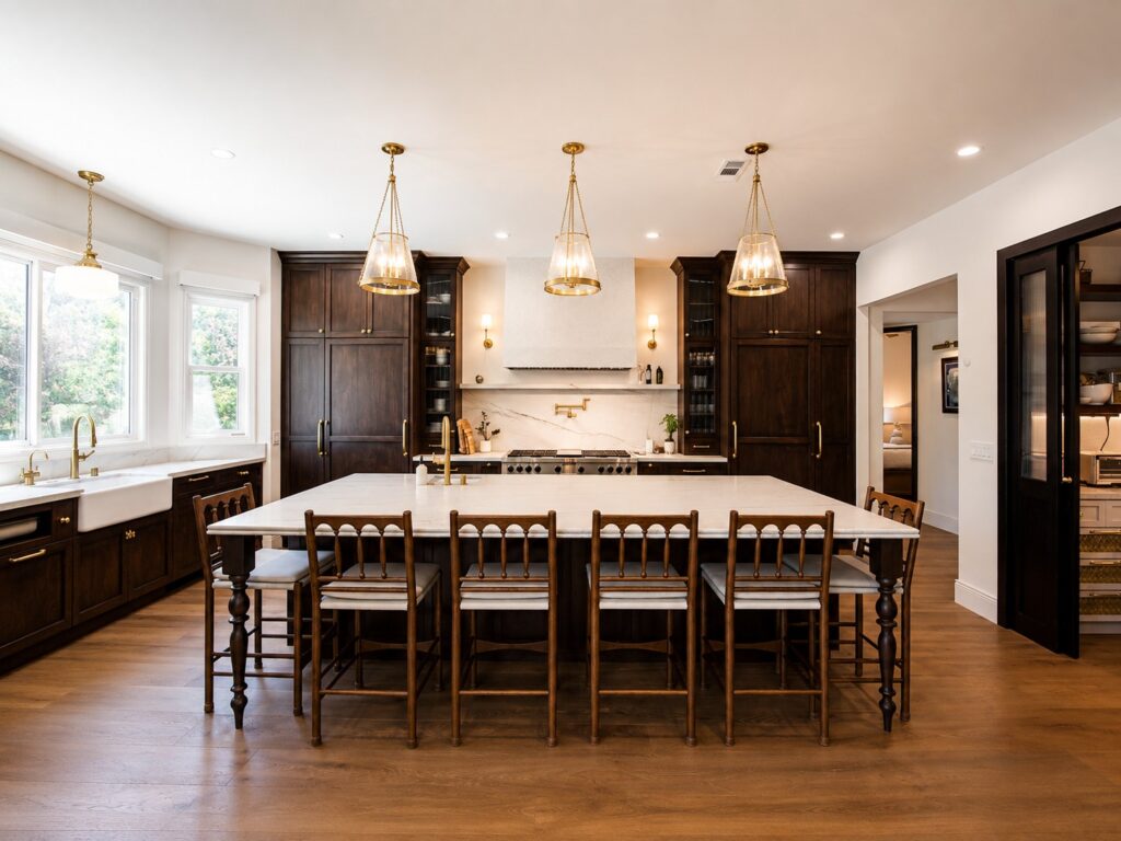 Kitchen island with seating and pendant lighting in the Loch Lomond home renovation