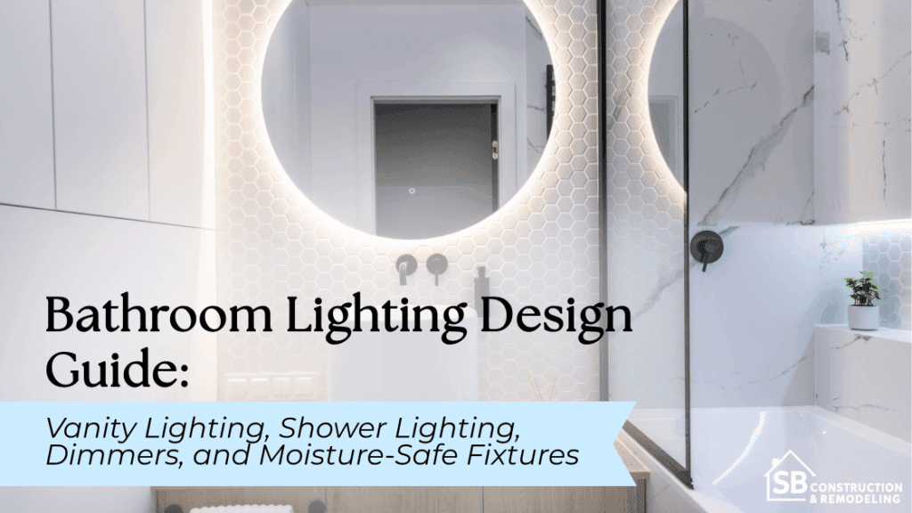Modern bathroom vanity with a round mirror above the