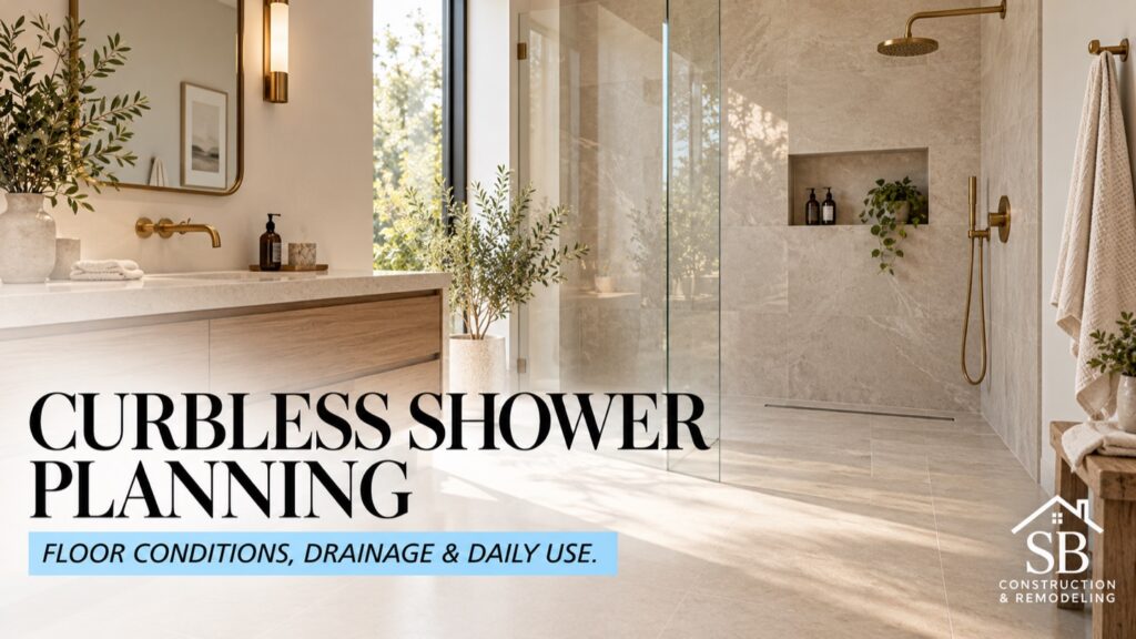 Illustrative curbless shower with flush entry, glass panel and wood vanity