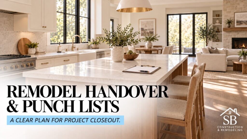 Illustrative remodeled kitchen with a clipboard for a handover and punch-list walkthrough