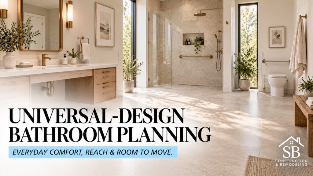 Illustrative bathroom with open-knee-space vanity, clear floor space and coordinated support bars