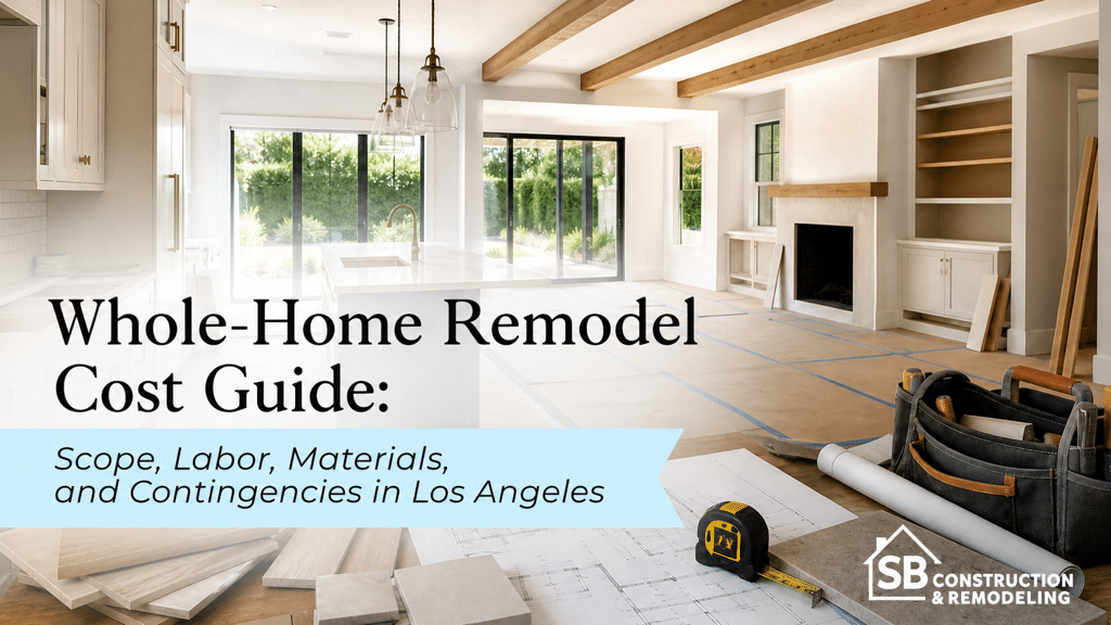Whole-home remodeling cost planning in Los Angeles with renovation materials, floor plans, and contractor tools